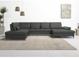Wohnlandschaft OTTO HOME "Costello U-Form, Sitztiefen- & Armteilverstellung, 3 Nierenkissen", grau (anthrazit), B:363cm H:89cm T:223cm, Luxus-Microfaser (90% Polyester, 10% Polyamid);Samtoptik (100% Polyester), Sofas, Wohnlandschaft, optional Schlaffunktion & Stauraum, Federkern, Leder
