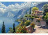 Leinwandbild BÖNNINGHOFF "Wandbild STADT AM BERGSEE 60x90 cm – Leinwandbild Keilrahmen Deko", blau (farbe bild(er): blau, beige, grün), B:90cm H:60cm T:1,8cm, Canvas, MDF, Bilder, Leinwandbild, auf Keilrahmen gespannt