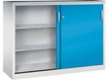 C + P Schiebetüren-Werkzeugschrank Acurado, B 1600 x T 500 x H 1200 mm, je Fachboden 110 kg, Stahl, lichtgrau/lichtblau