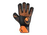 Torwarthandschuhe UHLSPORT "Torwarthandschuhe FM ZNE Soft Resist+ Flex Frame", Herren, Gr. 9.5, schwarz (schwarz, fluo orange), Obermaterial: 81% Gummi rubber. 13% Polyester PES. 6% Nylon NY., Handschuhe Torwarthandschuhe