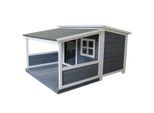 SunnyDogs Holz-Hundehütte mit Pultdach und Terrasse, grau-weiß lasiert, wetterfest