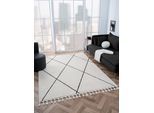 Hochflor-Teppich "Moroccan Pattern", schwarz-weiß (weiß, schwarz), B:200cm H:24mm L:290cm, Polypropylen (PP), MYFLAIR MÖBEL & ACCESSOIRES, Teppiche, Hochflor-Teppich, modernes Rauten Design, weich, mit Fransen, auch in rund & als Läufer