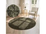 Teppich ELLE DECORATION "Prisma", braun (grün), H:5mm Ø:200cm, Baumwolle, Polyester, Teppiche, Teppich, Glanz-Effekt, Karo Design, Kachel-Optik, Wohnzimmer, Schlafzimmer,Flur