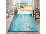 Teppich SANSIBAR "Keitum 011", blau, B:60cm H:3mm L:90cm, Polyester, Teppiche, Teppich, Flachgewebe, modernes Design, Motiv Kompass, auch in rund