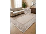 Teppich CALVIN KLEIN HOME "Luster, mit Fransen, Designerteppich", beige, B:100cm H:6mm L:200cm, Kunstfaser, Viskose, Teppiche, Teppich, Rahmen, Muster, meliert, Wohnzimmer, Schlafzimmer, Esszimmer