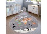 Kinderteppich PACO HOME "Bino 581", grau, H:4mm Ø:160cm, Polyester, Teppiche, Kinderteppich, Spielteppich, Motiv Weltkarte & Tiere, Kinderzimmer