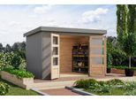 Gartenhaus KARIBU "Jupiterino 4, in verschiedenen Farben", grau (wassergrau, graualuminium), ohne Fußboden, Blechdach, Massivholz, Gartenhäuser, Gartenhaus