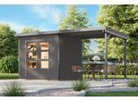 Gartenhaus KARIBU "Plutino 2 SET, in verschiedenen Farben", grau (terragrau, graualuminium), ohne Fußboden, Blechdach, Massivholz, Gartenhäuser, Gartenhaus, inkl. Anbaudach