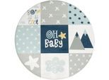 Kinderteppich PACO HOME "Chicos 554", blau, H:2mm Ø:120cm, Polyester, Teppiche, Kinderteppich, Flachgewebe, mit Schriftzug & Regenbogen oder Sternen, Pastell-Farben