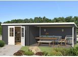 Gartenhaus LASITA MAJA "St. Louis", grau (carbongrau), ohne Fußboden, Rückwand, ohne Dacheindeckung, Massivholz, Gartenhäuser, Gartenhaus, Blockbohlenhaus 28mm, mit Anbau