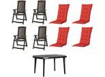Garten-Essgruppe JARDIN "Aruba + Elise", schwarz (graphit), B:90cm H:137cm T:108cm, Baumwollmix, Polypropylen, Sitzmöbel-Sets, Garten-Essgruppe, 4 x Klappsessel graphit, 1 x Tisch graphit,, 4 x Auflage red