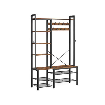 Hallträd med bänk och skoförvaring, Hall Coat Rack med skobänk och 5 förvaringshyllor, 9 klädkrokar och 6 sidokrokar, 140 x 120 x 190 cm, Vintage Brown och Ink Black HSR426B01