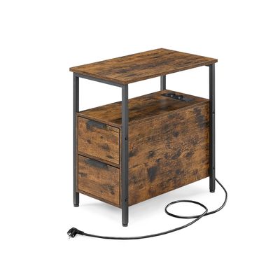 Sidobord, sängbord med eluttag, 2 lådor, soffbord, sängskåp för vardagsrum, sovrum, Vintage Brown/Classic Black, LET325B01