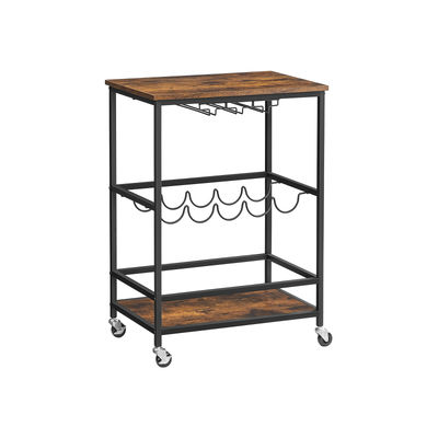 Köksvagn på hjul, Serveringsvagn med glas - och flaskhållare, 60x40x75 cm – Industriell vintage brun - svart, LRC087B01