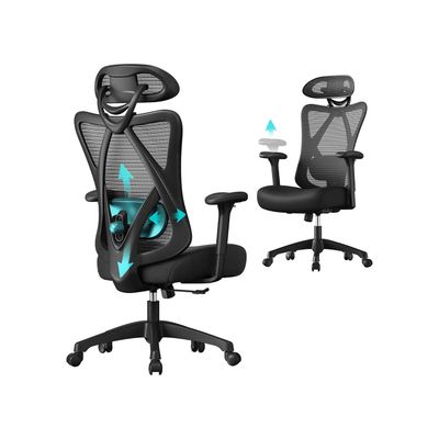 Kontorsstol, ergonomisk skrivbordsstol, datorstol, nätstol, justerbart ländryggsstöd och nackstöd, 150 kg, höjdjusterbar, svart OBN063B01