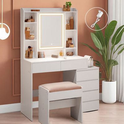 Sminkbord med LED-belysning, justerbar ljusfärg och ljusstyrka, sminkbord med spegel