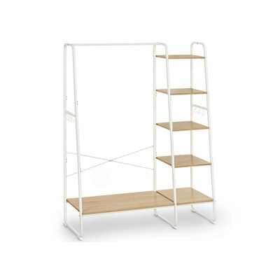 Tøjstativ, Garderobestativ, 45 x 120 x 160 cm, Garderobestativ med tøjstang, Skostativ, Åben garderobe, 6 aftagelige kroge, Soveværelse, Entre, Eg Hvid