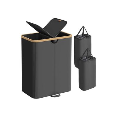 SONGMICS tvättkorg med två fack och lock, bläck svart och naturbeige