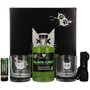 BÖSER KATER Black Light Neon Limetten Gin 40% Vol. 0,5l in Geschenkbox mit UV-Taschenlampe & Gläsern