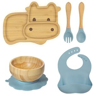 5pcs Bamboo Tableware Suction Plate Bowl Baby Feeding Spoon Fork for Kids Tableware Bamboo Dishes Bib Feeding Tableware Sets