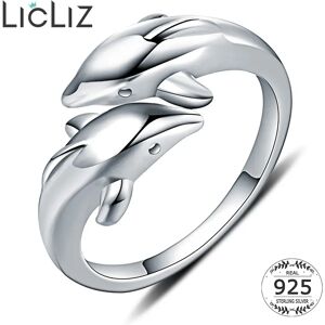 LicLiz Real 925 Sterling Silver Animal Dolphin Cuff Rings for Women Open Adjustable Bypass Ring Jewelry Anillos Mujer LR0409