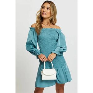 Ally Fashion Blue Designer Shirred Of The Shoulder Ruffle Dress - Size 6, Women's Designer Dress