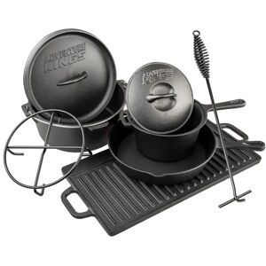 Adventure Kings Kings Cast Iron Cooking Set Includes Dutch Oven, Skillet, Griddle, Saucepan, Trivet & Lid Lifter