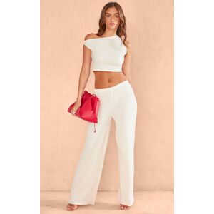 PrettyLittleThing Cream Textured Mid Waist Wide Leg Pants, Cream 14