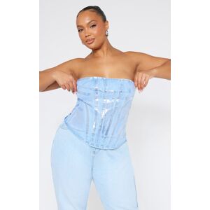 PrettyLittleThing Plus Silver Washed Foil Denim Corset, Silver 16