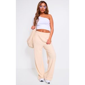 PrettyLittleThing Off White Soft Brushed Rib Wide Leg Pants, Off White 16