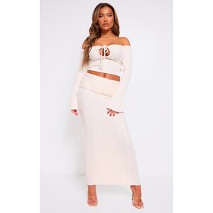 PrettyLittleThing Cream Rib Fold Over Waist Maxi Skirt, Cream 8