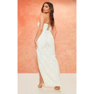 PrettyLittleThing Cream Textured Floral Bandeau Maxi Dress, Cream 12