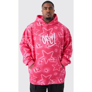 Boohooman Mens Bright Pink Plus Oversized All Over Graffiti Ear Hoodie Bright Pink