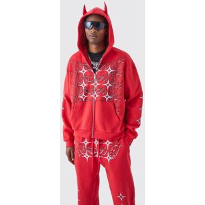 Boohooman Mens Red Oversized Boxy Grunge Zip Through Ear Hooded Tracksuit Red