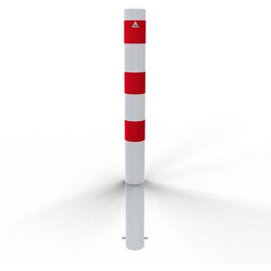 Schake Absperrpfosten ortsfest aus Stahlrohr verzinkt Ø108x2,9mm weiß mit rot reflektierenden Leuchtstreifen, zum Einbetonieren und Stahlkappe 900mm Überflur