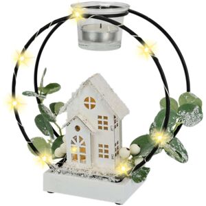 Kunstkranz I.GE.A. "Teelichthalter Deko-Kranz", weiß, schwarz, grün, B:18cm H:20cm L:8cm, Metall, Kunstpflanzen, Mit LED Licht Teelichtkerze Eukalyptus Haus Lichterkette