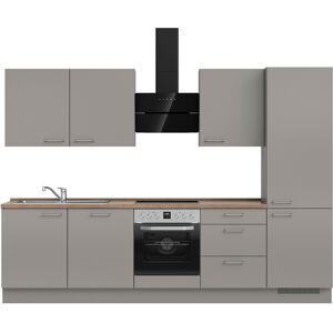 Küchenzeile NOBILIA ""Laser II"", grau (front: taupegrau, korpus: taupegrau, arbeitsplatte: eiche havanna nachbildung), B:300,3cm H:216,6cm T:60cm, Komplettküchen-Sets, vormontiert, Ausrichtung wählbar, Breite 300 cm, wahlw. mit E-Geräten