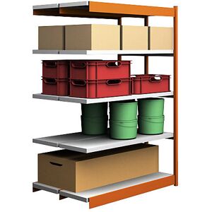 hofe Stabil-Steckregal, doppelseitig, Regalhöhe 2000 mm, orange/verzinkt, Bodenbreite 1325 mm, Anbauregal, Breite x Tiefe 1325 x 400 mm
