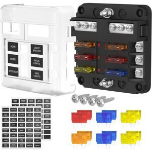 NONE 12 V 6-Wege-Flachsicherungsblock mit LED-Anzeige, wasserdichte Schutzhülle und Etikettenaufkleber für Kfz-Auto-LKW-Anhänger