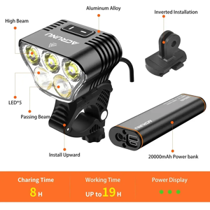 Aucun Feu avant de vélo à faisceau haut et bas, 5000lm, étanche, 20000mah, lampe de poche, chargeur USB,