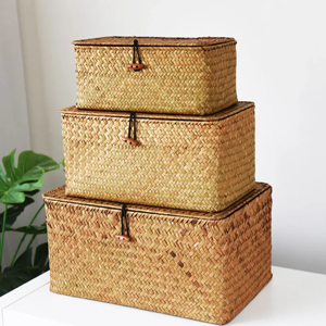 Aucun Boîte de rangement tissée en osier faite à la main, panier de finition de rangement en rotin avec