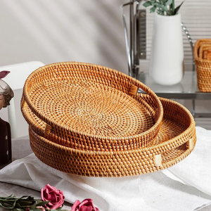 Plateau de rangement en rotin écologique, panier en osier tissé à la main, assiette de collation de