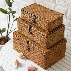 Aucun Boîte de rangement tissée en osier faite à la main, panier de finition de rangement en rotin avec