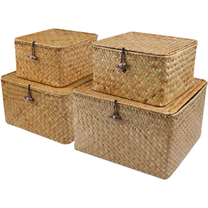 Aucun Ensemble de 4 paniers en jonc de mer avec couvercle, panier de rangement en osier, boîtes de