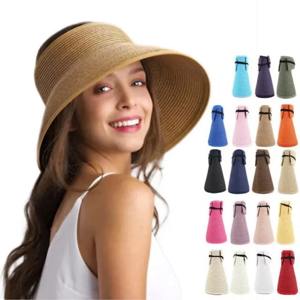 Aucun Chapeaux d'été pour femmes, pare-soleil enroulable, chapeau de paille à large bord, pliable,