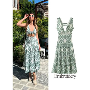 TRAF(服装鞋帽) TRAFZA 2024 femme été longues robes vert broderie sans manches Sexy dos nu robe femme plage Style