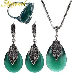 Ajojewel AjoDairy-Ensemble de bijoux en pierre d'opale verte avec biscuits noirs, boucles d'oreilles, bague,