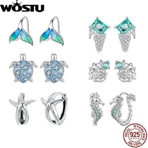 WOSTU océan bijoux 925 en argent Sterling bleu tortue vert conque boucles d'oreilles femmes arc-en-ciel sirène oreille cerceaux plage vacances cadeau