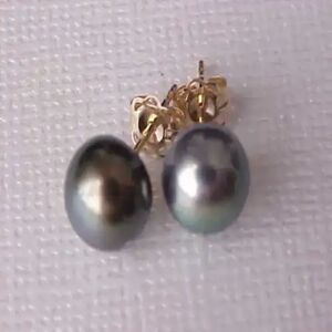 Aucun Boucles d'Oreilles AAA Tahiti en Or 14K, Perle Verte Noire 9-10mm
