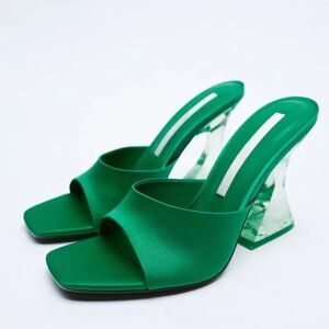Akexiya Escarpins d'été verts pour femmes, pantoufles soyeuses à large bande, talons hauts transparents et